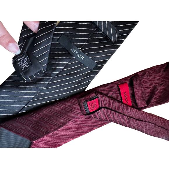 Vintage Alfani Striped 90s Silk Neckties Set of Two Black/Silver and Burgundy - Picture 4 of 4